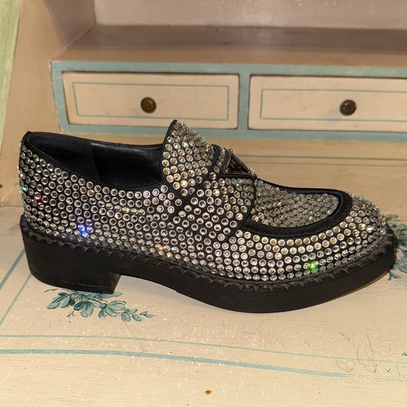 💎Prada Black Loafers with Crystals Embellishment Everywhere💎 - Picture 9 of 15